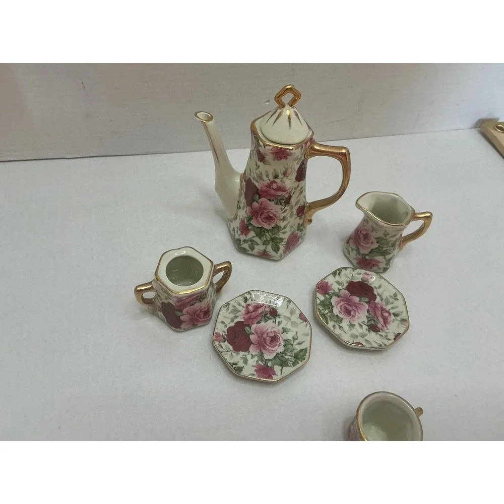 Vintage Miniature Tea Set Porcelain Rose Floral Gold Trim 6pc Set